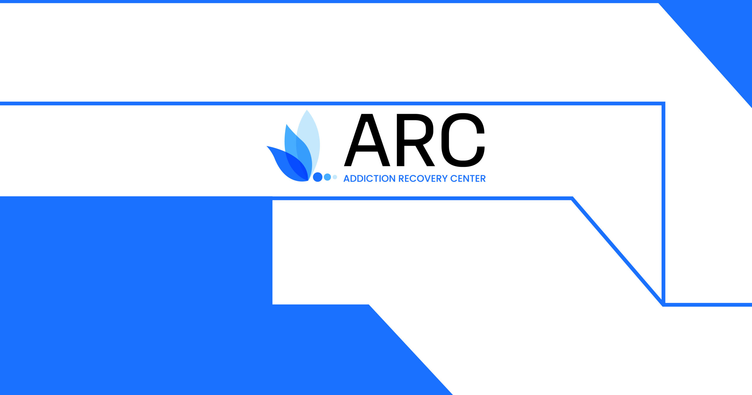 ARC Addiction Recovery Center logo centered on a white banner with blue geometric borders and leaf icon to the left.