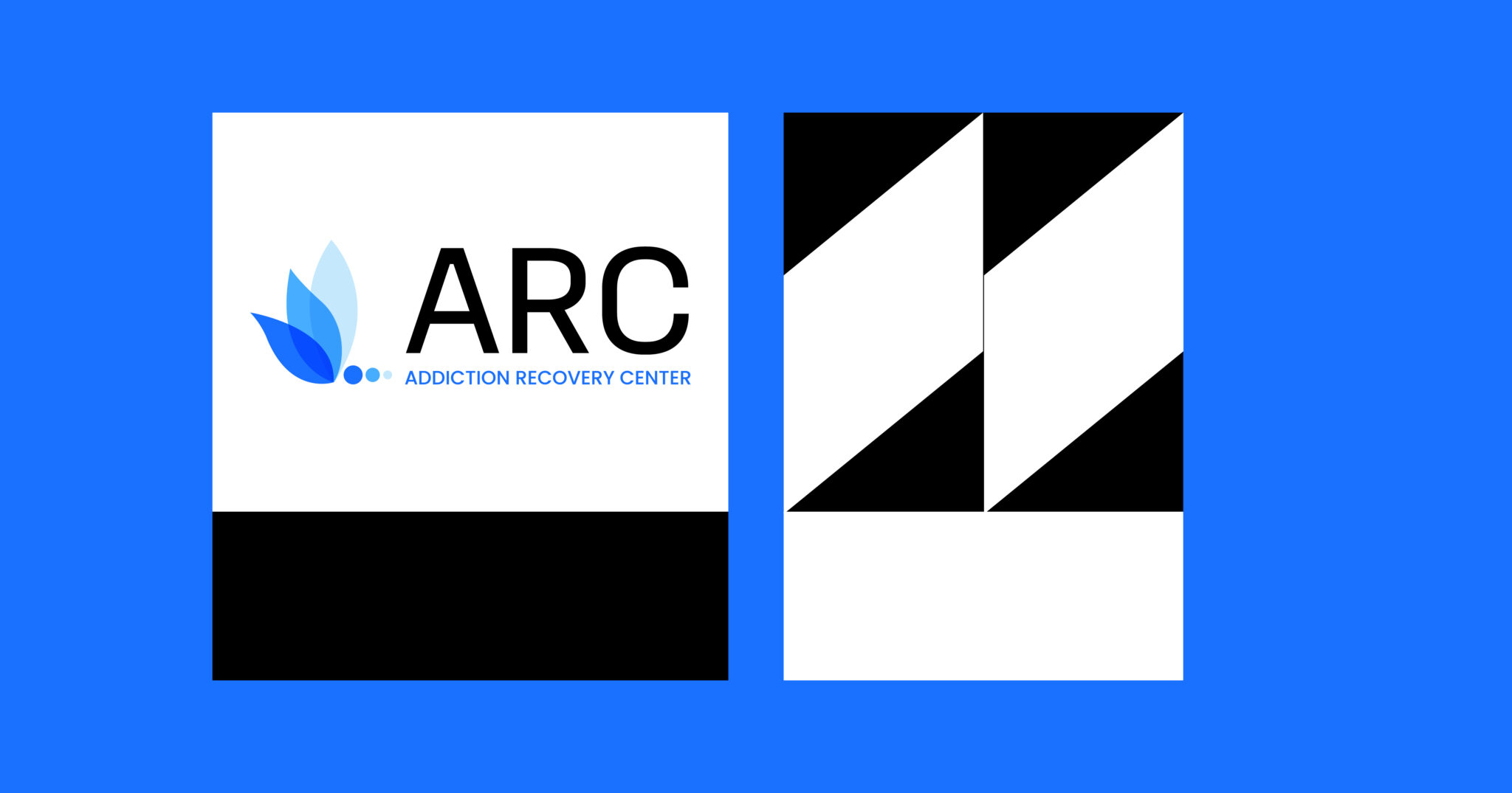 ARC Addiction Recovery Center logo on white panel with blue leaf icon beside the text ARC and blue slogan on blue background.