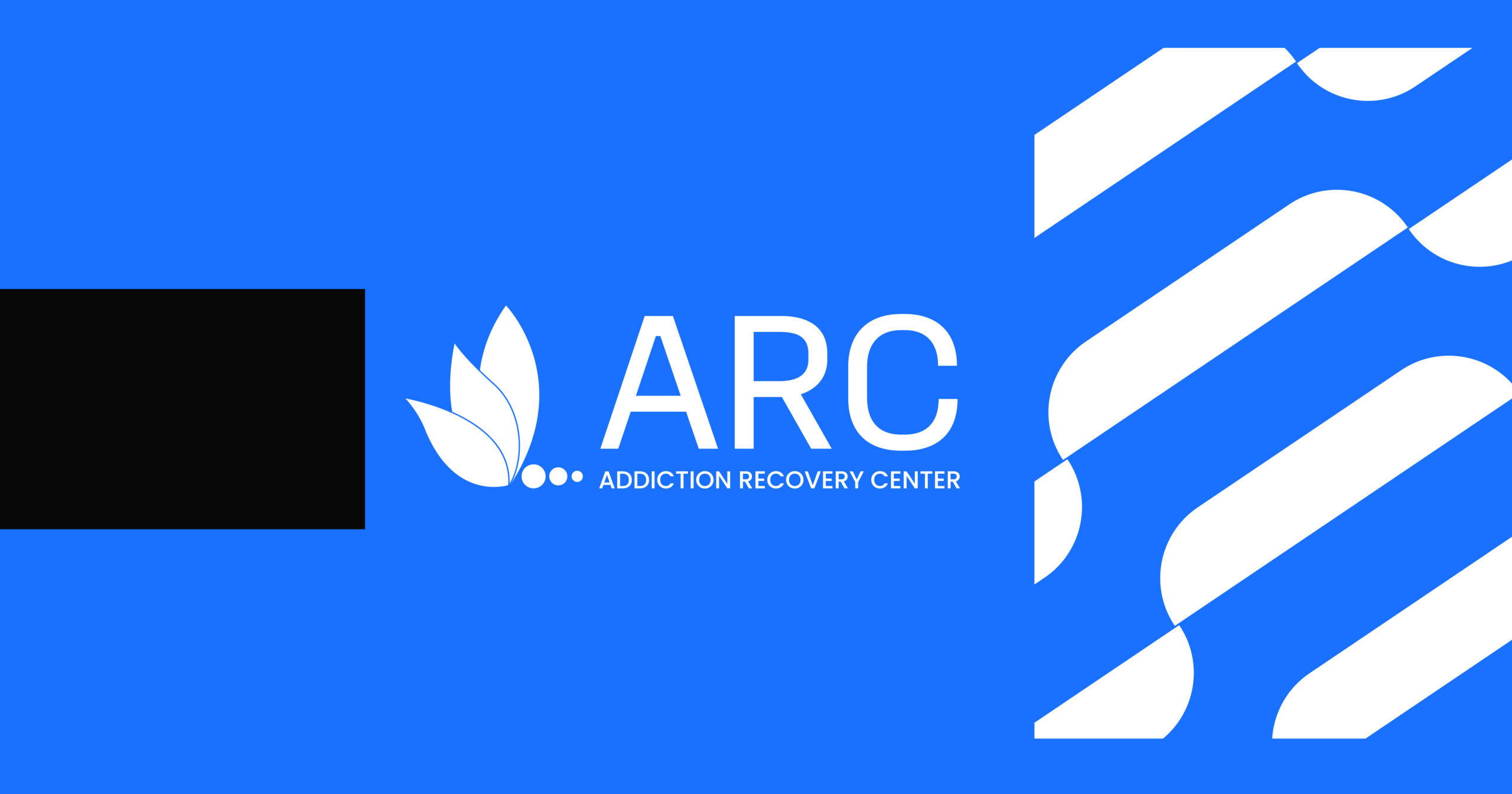 Blue ARC Addiction Recovery Center banner with white logo, leaf icon, and diagonal stripes on blue background