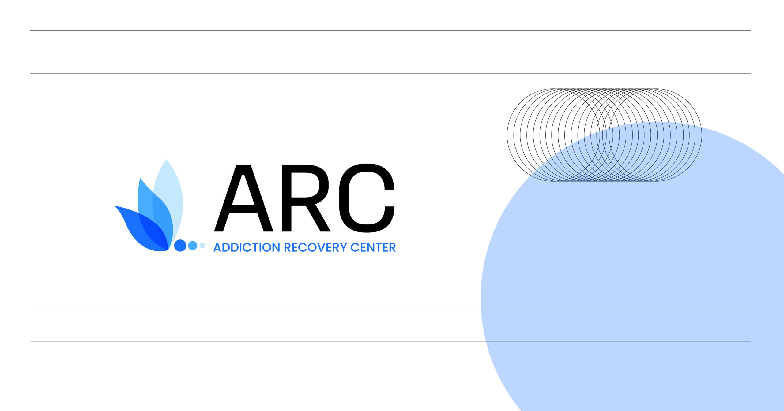 ARC Addiction Recovery Center logo featuring blue leaf shapes, bold ARC lettering, and a large light-blue circular background with overlaying black rings.