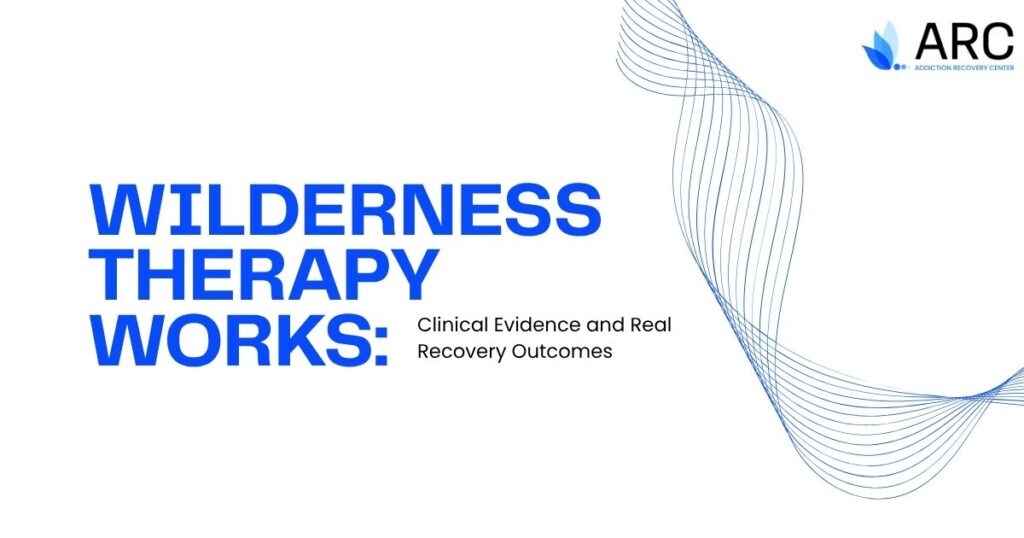 Slide showing title 'Wilderness Therapy Works: Clinical Evidence and Real Recovery Outcomes' with ARC logo in the top-right, blue wave graphic on the right.