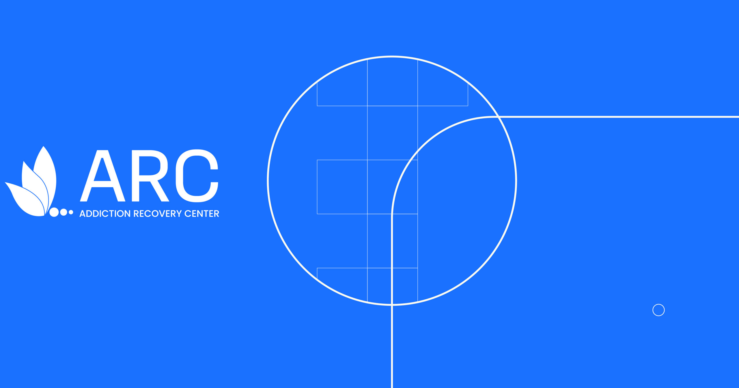 ARC Addiction Recovery Center logo on a blue background with a white leaf icon and geometric line art