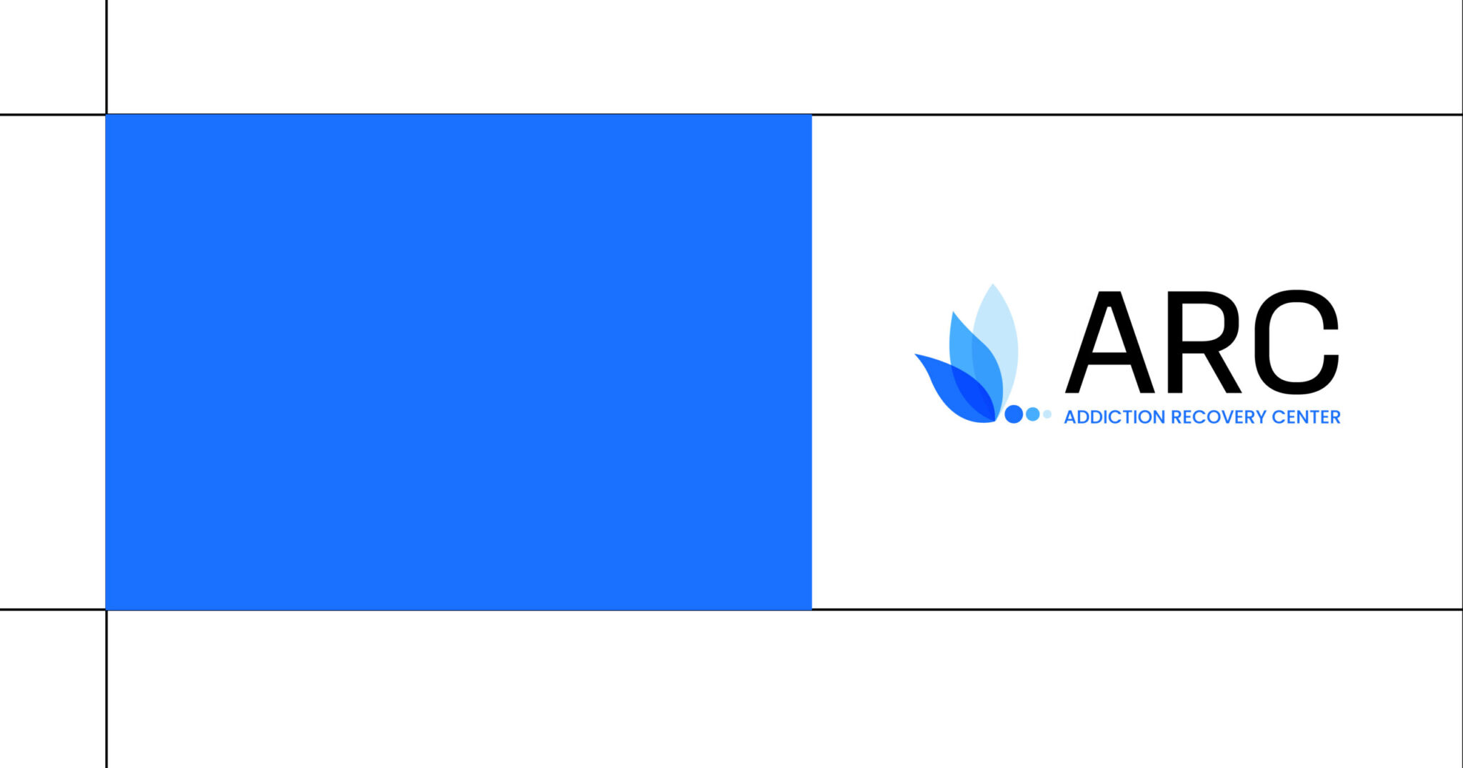 Blue block on the left with the ARC Addiction Recovery Center logo (blue flame) on the white right side.